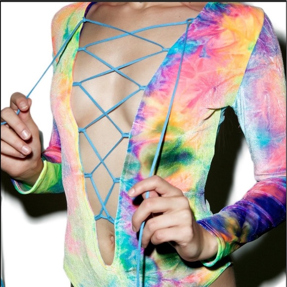 J Valentine Dolls Kill synesthesia festival rave tie dye velvet bodysuit - Picture 10 of 11